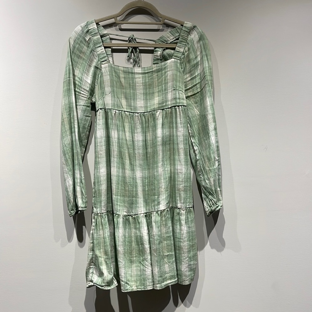 Green Plaid Cotton Long Sleeve Dress